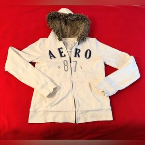 VTG Y2K Aeropostale Faux Fur Lined Embellished 3D Logo White Hoodie Size M women